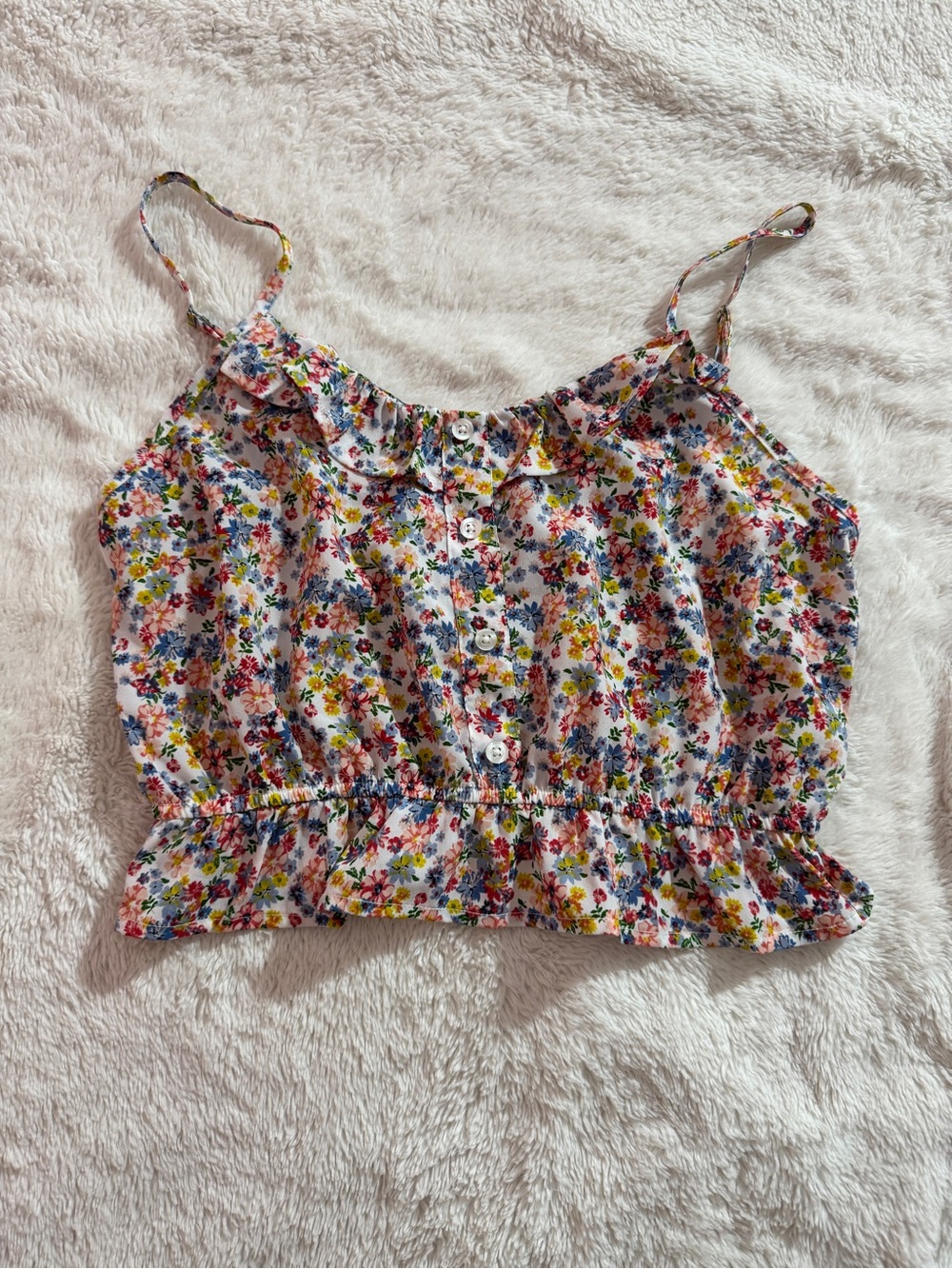 Floral Ruffle Button-Front Crop Top - White Multi